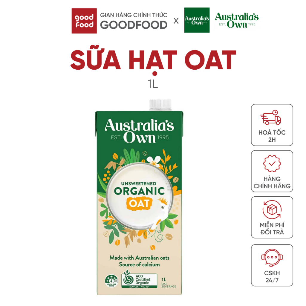 Sữa hạt Organic Australia's Own yến mạch hữu cơ không đường, thức uống yến mạch giàu Canxi 1L