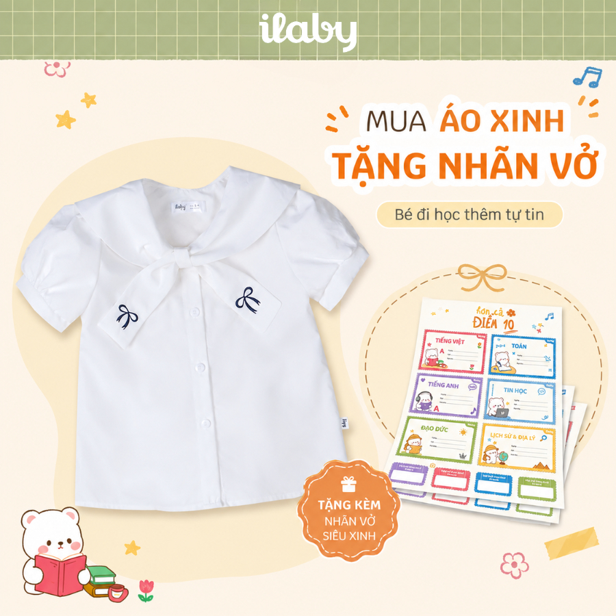 [TẶNG NHÃN VỞ] Áo sơ mi bé gái ILABY cổ thủy thủ tay phồng đính nơ cotton thoáng mát [3221]