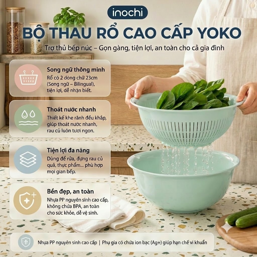 Bộ Thau Rổ Nhựa Cao Cấp Yoko INOCH - Cao Cấp Chắc Chắn Sang Trọng, Gọn Gàng, An Toàn Cho Sức Khoẻ
