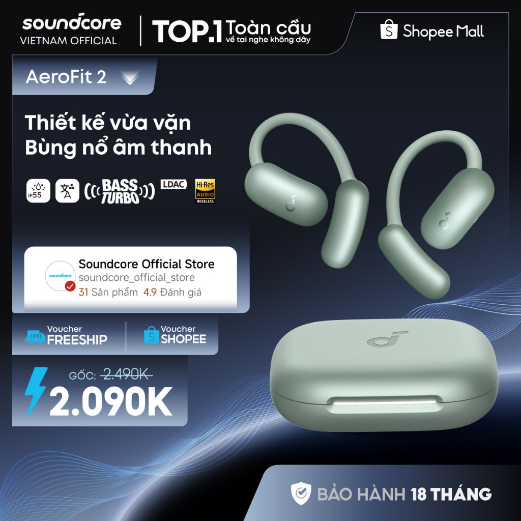 Tai nghe bluetooth Open-Ear soundcore AeroFit 2 | Móc tai tùy chỉnh | Chống nước và bụi IP55 | Tích hợp phiên dịch | BigBuy360 - bigbuy360.vn