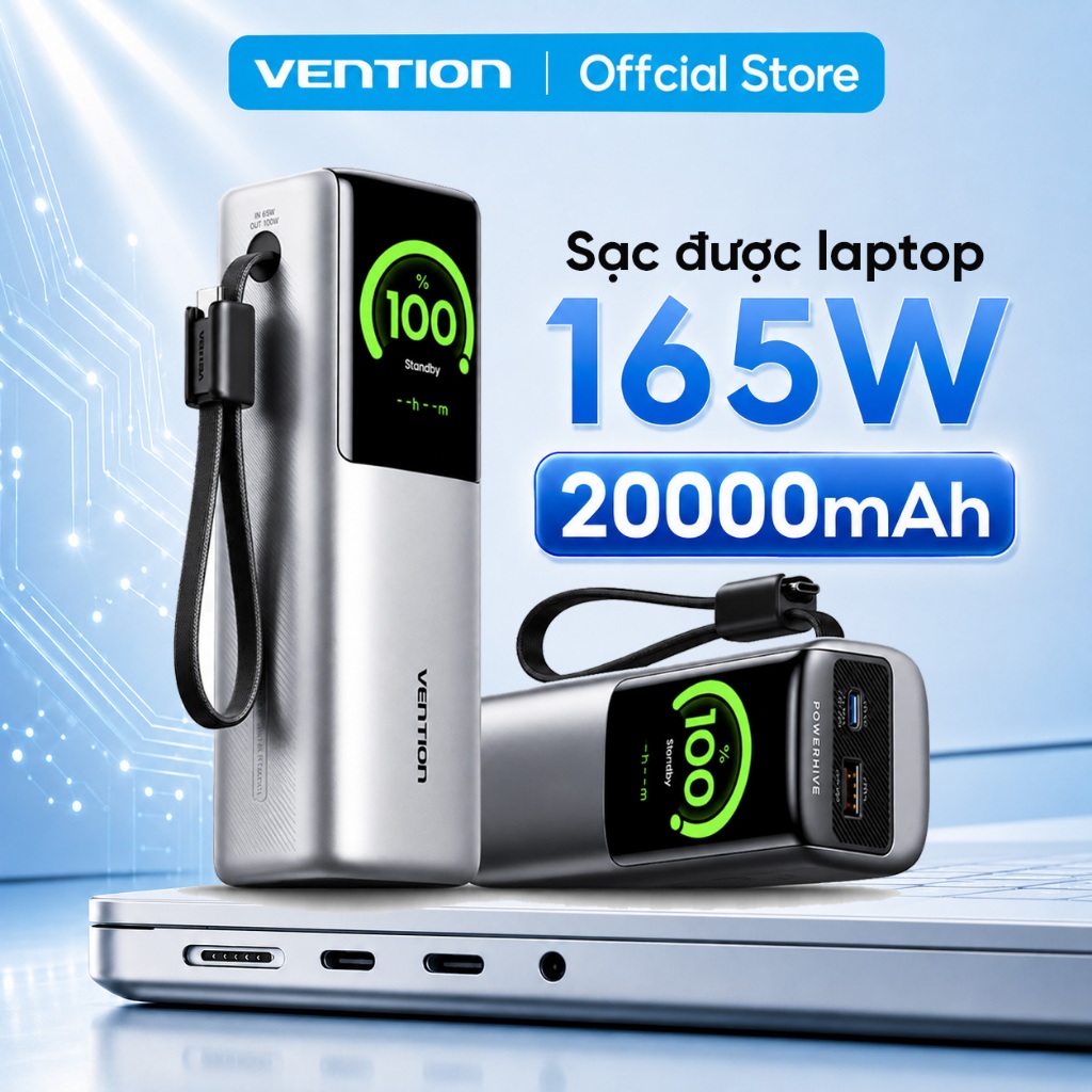 Pin Sạc Dự Phòng 165W 20000mAh Vention Sạc Được Laptop MatBook, Dây Type-C Tích Hợp, Màn Hình AI, 2 Cổng USB-A/C