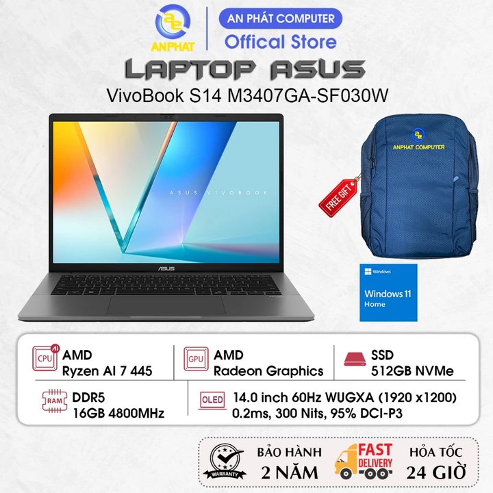 Laptop ASUS VivoBook S14 M3407GA-SF030W, Ryzen AI 7 445, 16GB RAM, 512GB SSD, 14.0 FHD+ OLED, Win11
