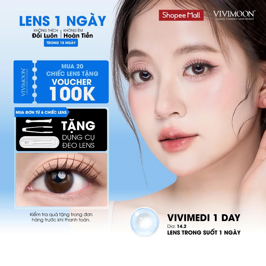 Kính áp tròng VIVIMOON LENS trong suốt cận 1 ngày khóa ẩm Vivimedi 1 Day (Giá 01 bên mắt, Giá 01 chiếc)