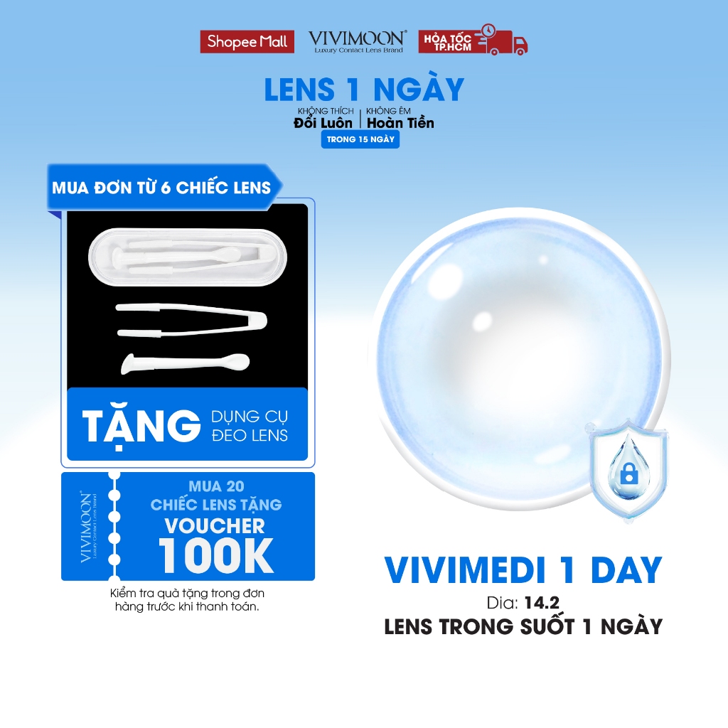 Lens cận trong suốt 1 ngày VIVIMOON Vivimedi, kính áp tròng khóa ẩm (Giá 01 chiếc/01 bên mắt – x2 để chọn 01 đôi)