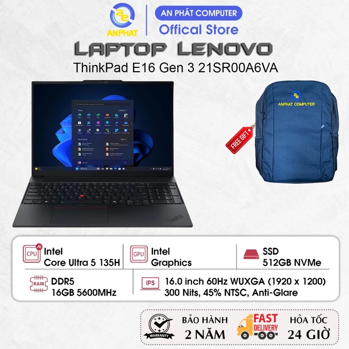 Laptop Lenovo ThinkPad E16 Gen 3 21SR00A6VA, Core Ultra 5 135H, 16GB RAM, 512GB SSD, 16.0 FHD+ IPS, No OS