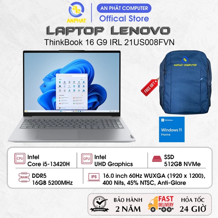 Laptop Lenovo ThinkBook 16 G9 IRL 21US008FVN, Core i5-13420H, 16GB RAM, 512GB SSD, 16.0 FHD+ IPS, Win11