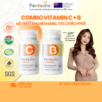 Pentavite Bộ 2 chai (Bubbly B + Vitamin C) 60 viên nhai, bổ sung Vitamin B Complex và Vitamin C, hương vị kẹo que