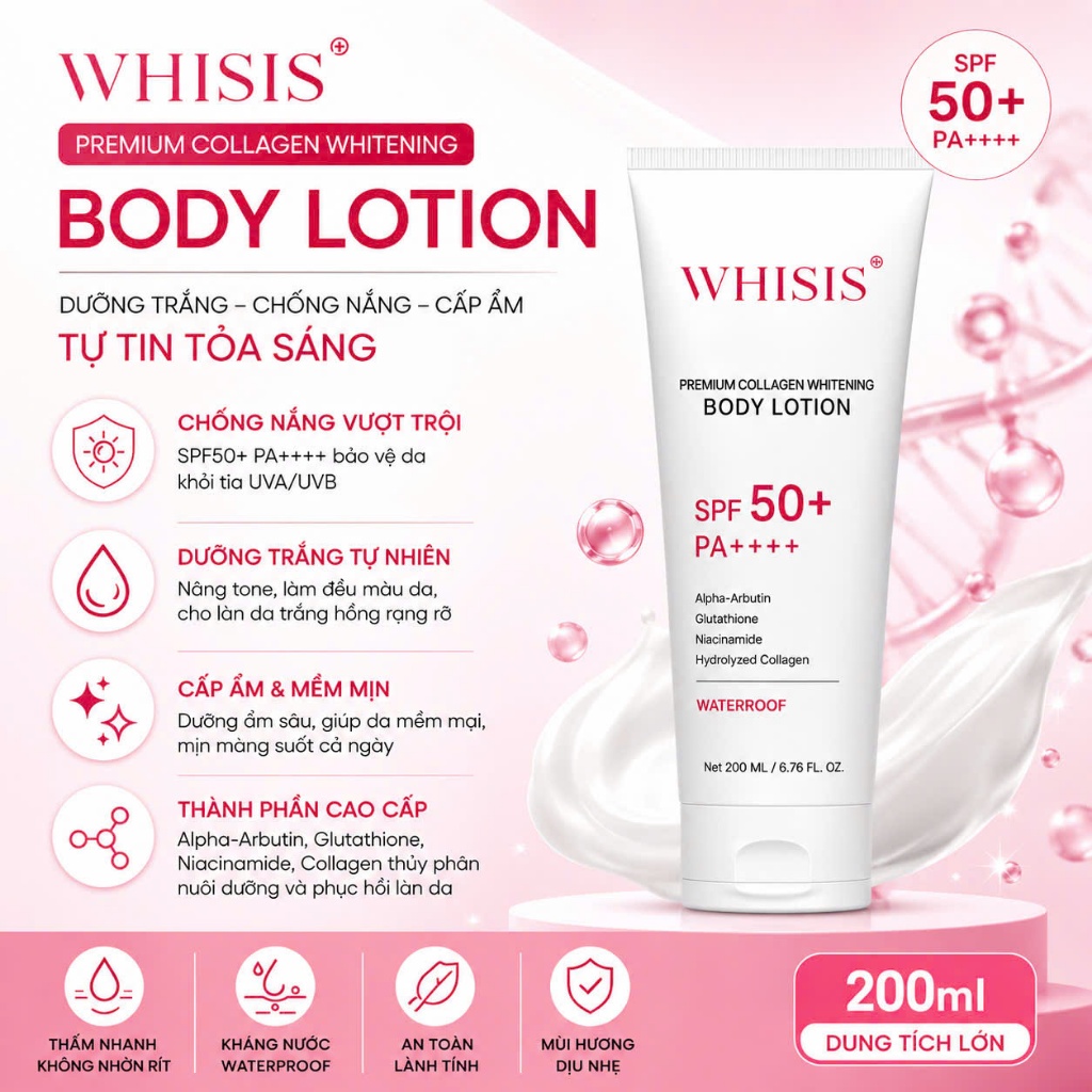 Kem dưỡng thể trắng da ban ngày Whisis mẫu mới ,Whisis Premium Collagen Whitening Body Lotion