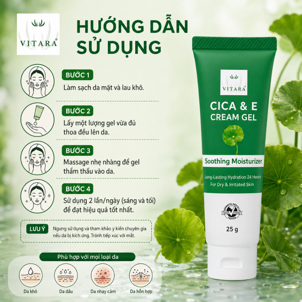 Product image Gel Dưỡng Ẩm Dành Cho Da Khô, Da Kích Ứng, Gel Thoa Dưỡng ẩm Vitara CICA & E Cream Gel 25g 3