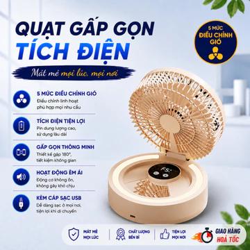 Quạt Gấp Gọn Tích Điện, Quạt Để Bàn, Treo Tường Không dây, Đèn Ngủ, Có 5 Mức Điều Chỉnh Gió Pin Khỏe