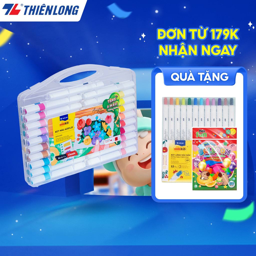 [Tặng 2/4/6 màu] Acrylic Markers 12/24/36 màu Thiên Long Colokit, bút màu lông không thấm, màu mịn cao cấp không độc hại
