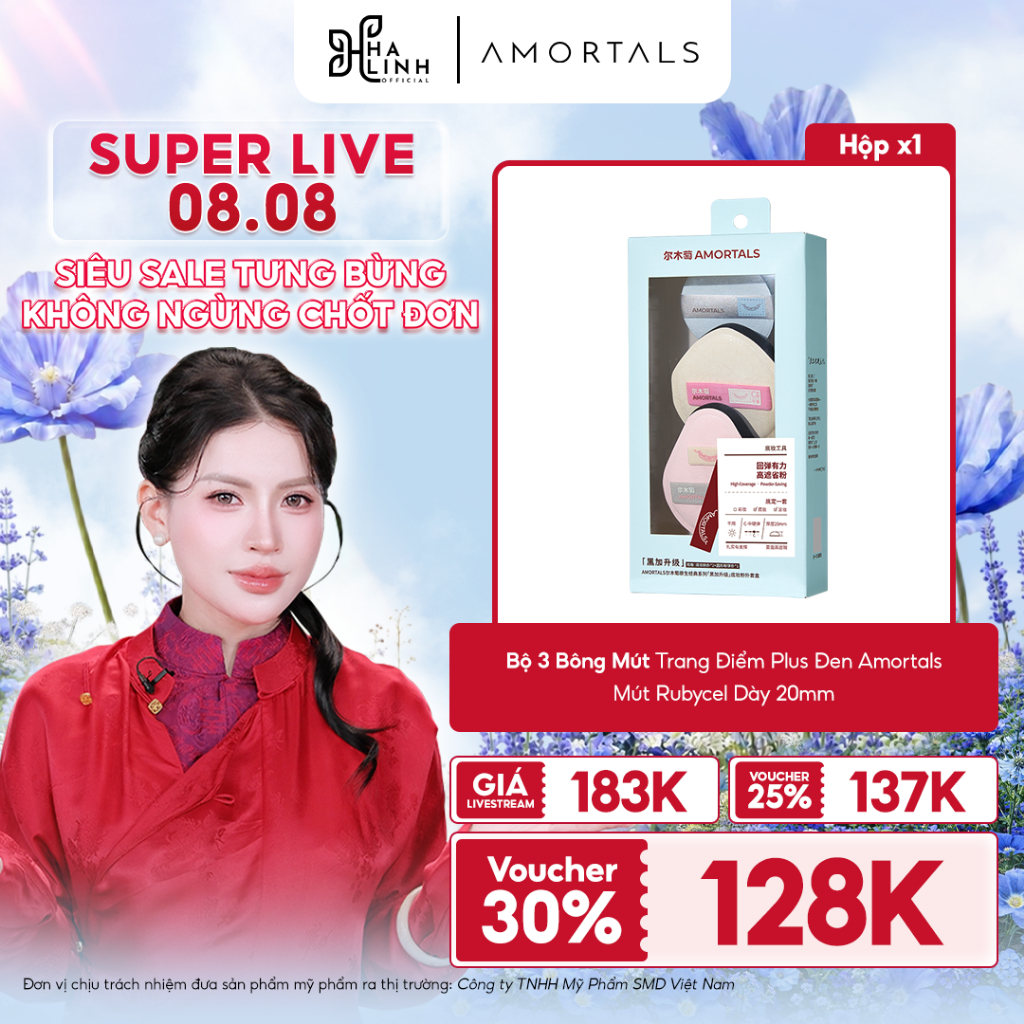Bộ Bông Mút Trang Điểm Plus Đen Amortals – Mút Rubycell Dày 20mm, Che Phủ Cao, Không Hút Kem