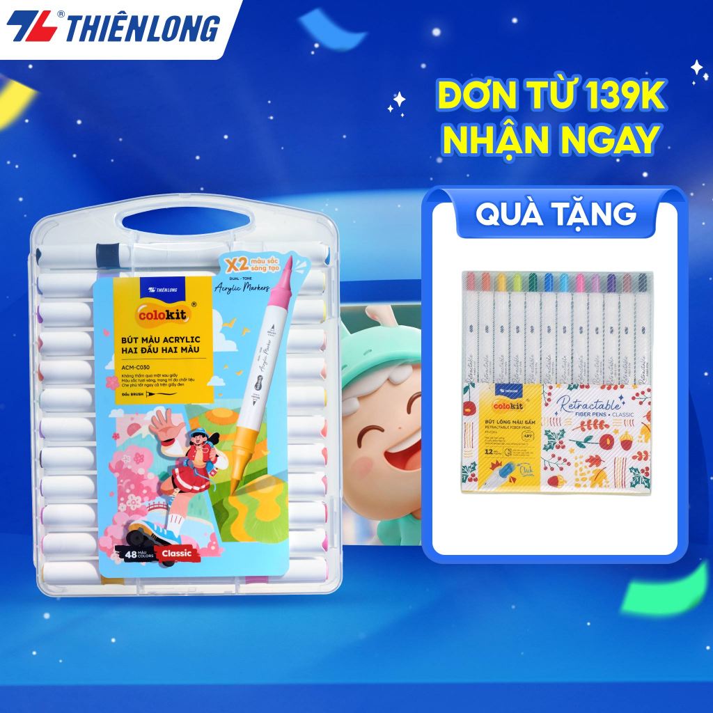 Bộ Bút Hai Đầu 12/24/48 Màu Acrylic Markers Thiên Long Colokit  - Cây 2 đầu, 2 màu mực