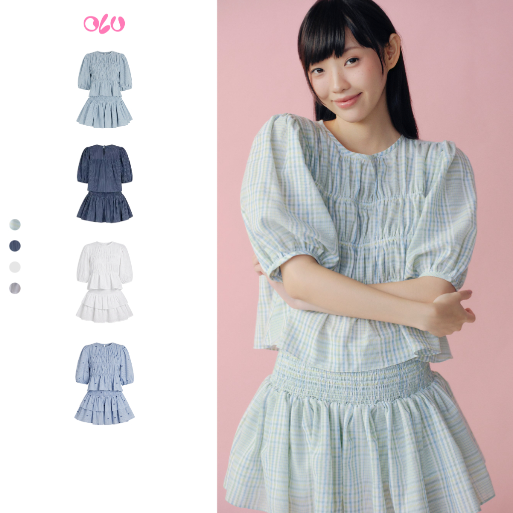 Set OLV áo và chân váy nữ babydoll Striped Ruffled Puff Sleeve Set nhiều màu phù hợp đi chơi