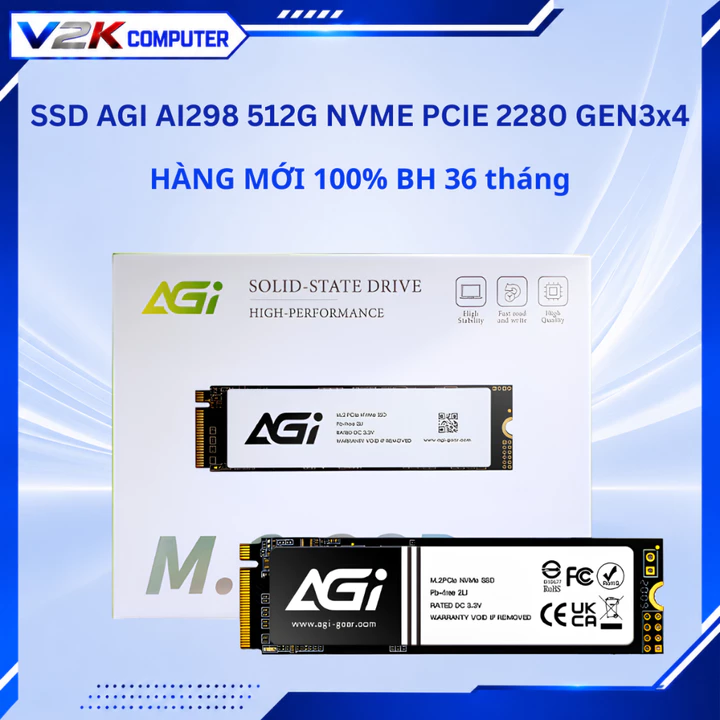 Ổ Cứng SSD AGI AI298 512GB M.2 NVMe PCIe Gen3 x4 2400MB/s Cho PC Laptop, SSD 512GB V2K