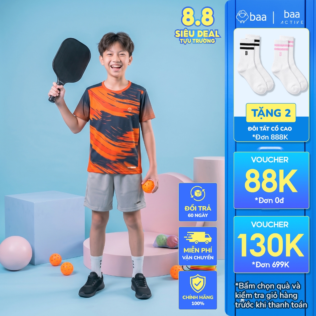 [Tặng 2 Vớ Đơn 888k] Áo thun thể thao cho bé chạy bộ siêu mát nhẹ, thấm hút 18 - 52kg Baa Active AT34N