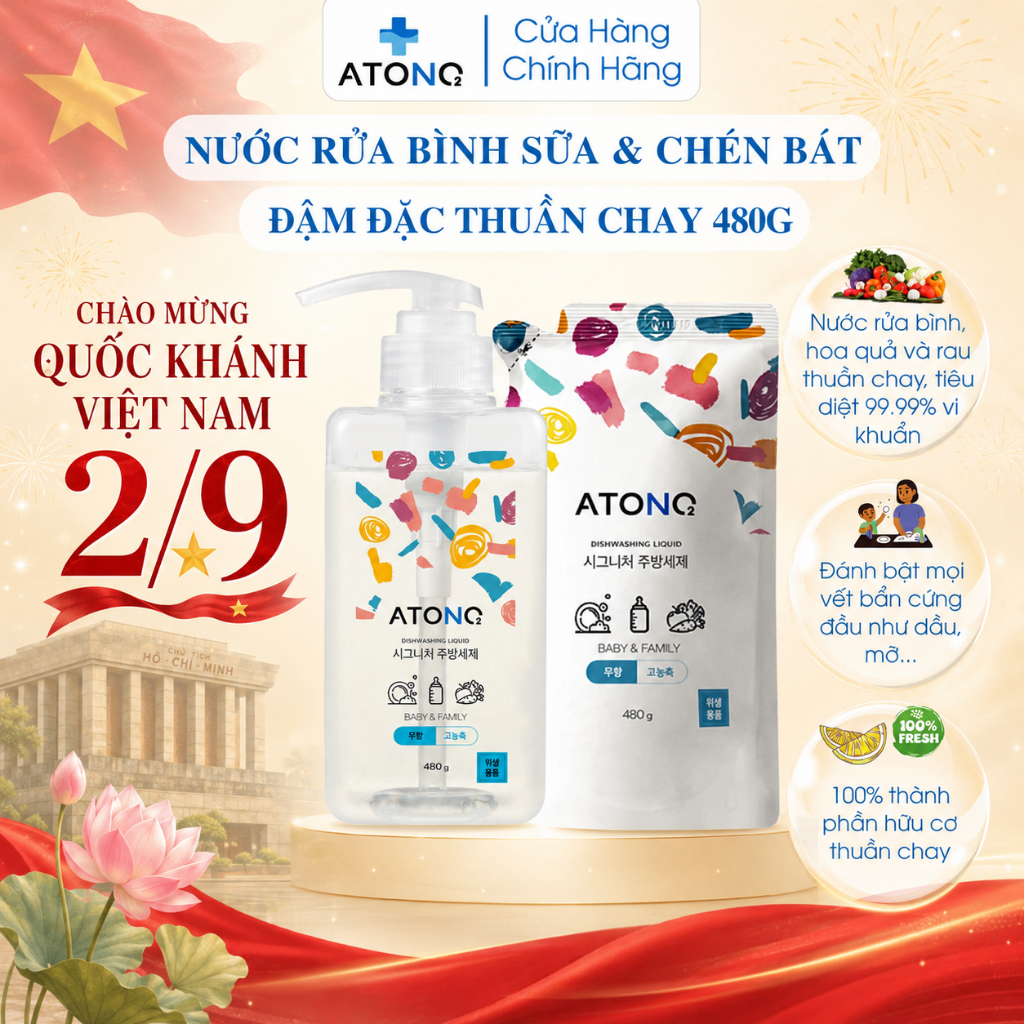 Nước rửa bình sữa & chén bát đậm đặc thuần chay, an toàn, có thể rửa được rau củ quả, Thương hiệu Atono2 Hàn Quốc