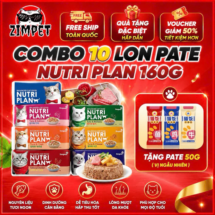 Combo 10 Lon Pate Nutri Plan Cho Mèo 160g – Pate Mèo Dinh Dưỡng Cao Cấp, Thức Ăn Ướt Cho Mèo