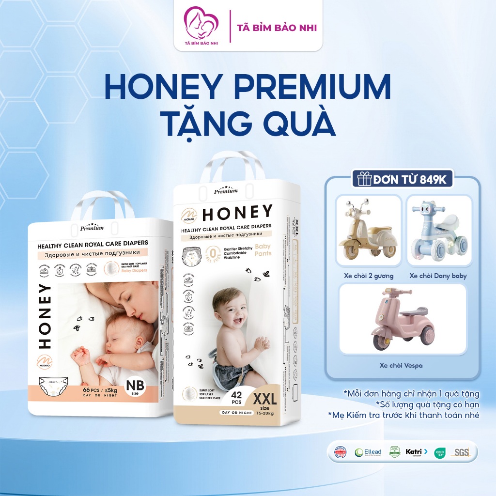 (Tặng quà) Combo 3 bịch bỉm Honey Premium dán/quần, tã siêu mỏng nhẹ cho bé thoải mái đóng ngày đêm