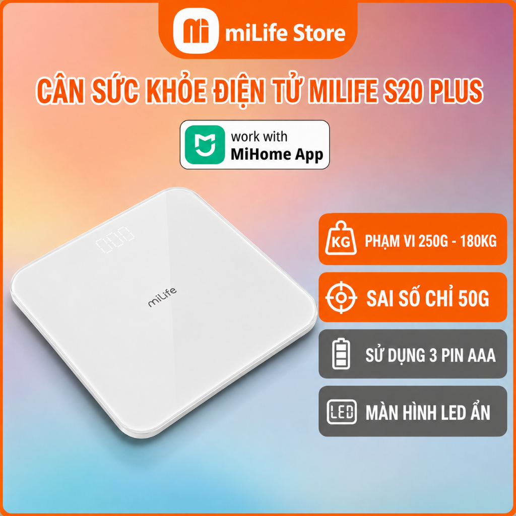 Cân Điện Tử Thông Minh MiLife S20 Plus, Cân Sức Khỏe Kết Nối MiHome App, LED Ẩn