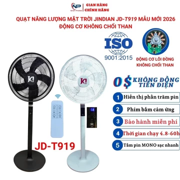 [Top Value] Quạt năng lượng mặt trời ,quạt tích điện JD-919T động cơ không chổi than,6 chế độ gió,remote,cục sạc 220v