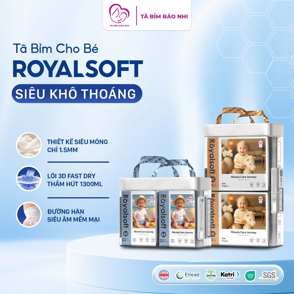 Tã bỉm Royalsoft cao cấp, bỉm mỏng đóng đêm thoải mái, bỉm dán quần đủ size từ NB - 4XL cho bé