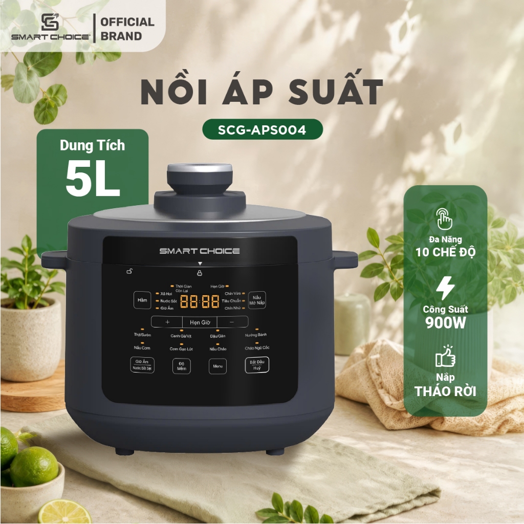 Nồi Áp Suất Điện 5L SMARTCHOICE SCG-APS004 900W Màn Hình Cảm Ứng Có Hẹn Giờ Thông Minh - BH 12 Tháng