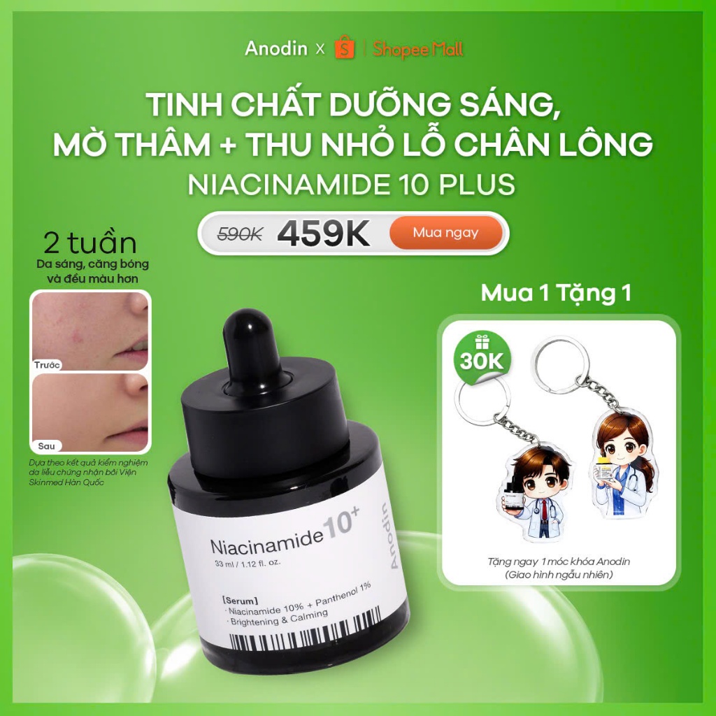 Tinh chất dưỡng trắng và mờ thâm, hỗ trợ thu nhỏ lỗ chân lông Anodin Niacinamide 10 Plus 33ml