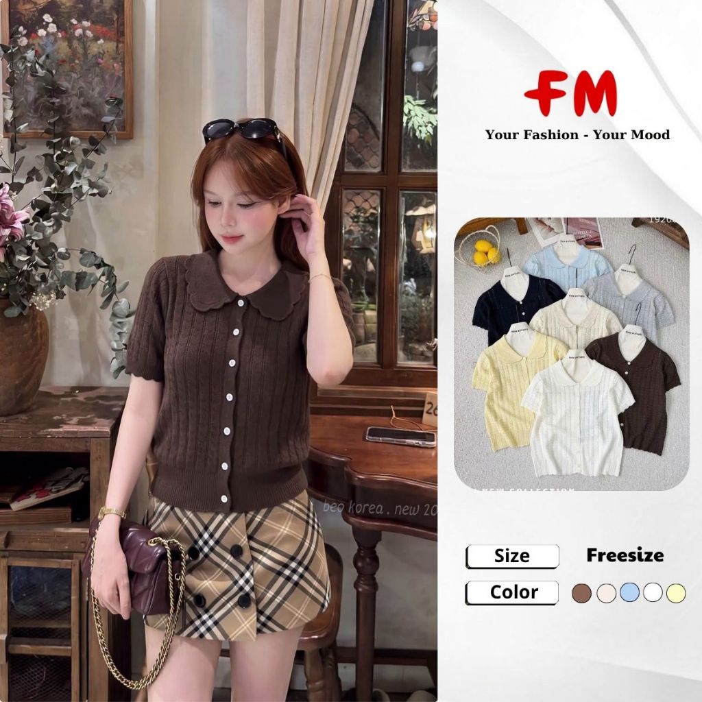 Áo Dệt Kim Tay Ngắn Nữ FMSTYLE Cổ Sen Ô Vuông 7 Nút Form Ôm Co Giãn Phong Cách Hàn Quốc 26071024