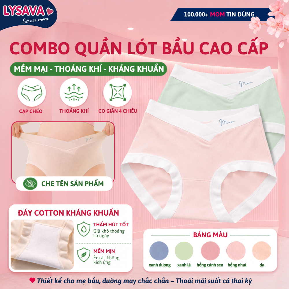 Combo Quần Lót Bầu LYSAVA Cạp Chéo Không Gò Bụng Chất Cotton Kháng Khuẩn - Quần Chip Bầu Không Lộ Viền Cho Mẹ Bầu, QL6