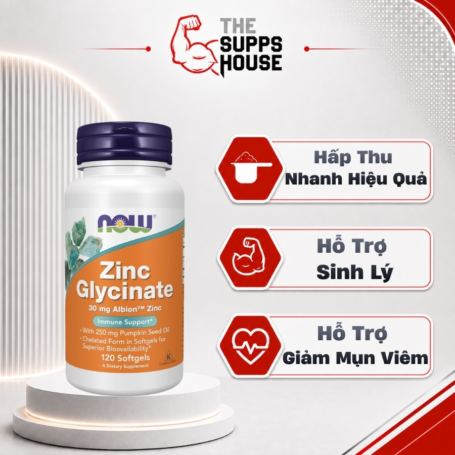 Viên Uống NOW Zinc Glycinate 30 mg Albion TRAACS Zinc - 120 viên Hỗ Trợ Sinh Lý Và Giảm Mụn Viêm