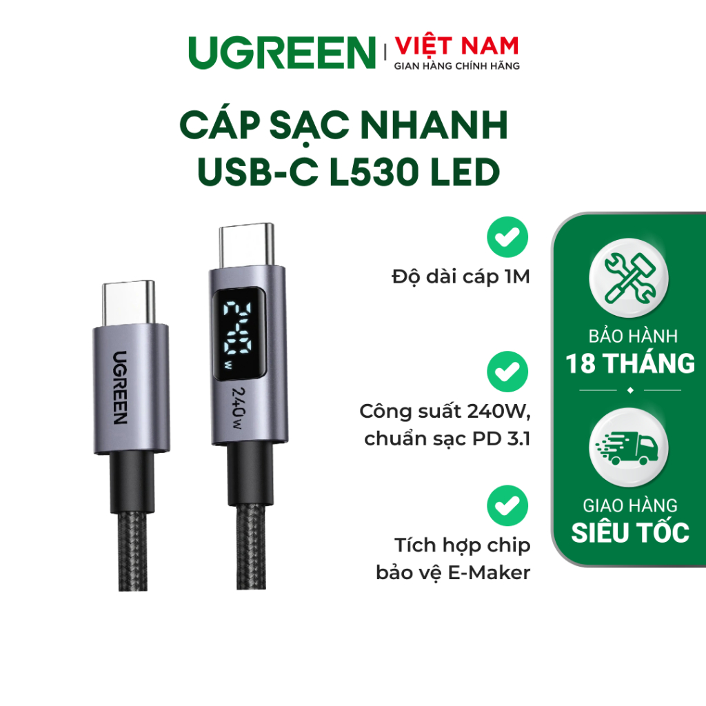 Cáp sạc USB C sang USB C Ugreen L530 LED | Sạc nhanh PD 240W E-Maker | Tốc độ truyền 480Mbps | Bảo Hành 18 Tháng 1 đổi 1