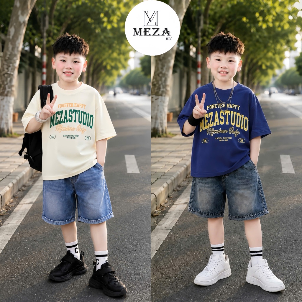 (Tặng Kính Ngẫu Nhiên Số Lượng Giới Hạn) Set Bộ Đồ Bé Trai Áo Thun In Chữ MEZA + Quần Jean Ngố Streetwear Cá Tính - M84