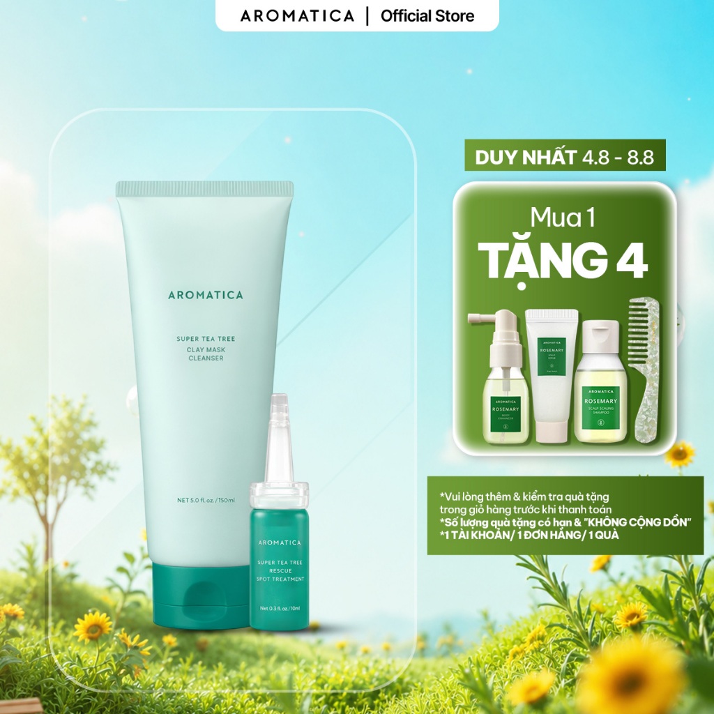 Bộ Đôi Chăm Sóc Da Dầu Mụn AROMATICA Tea Tree Clay Mask Cleanser 150ml & Chấm Mụn Rescue Spot Treatment 10ml