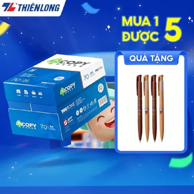 Combo 5 ream giấy in A4, giấy photo 70/80gsm Thiên Long IK Copy/Copy Plus (2500 tờ/thùng) - Thùng giấy A4 500 tờ