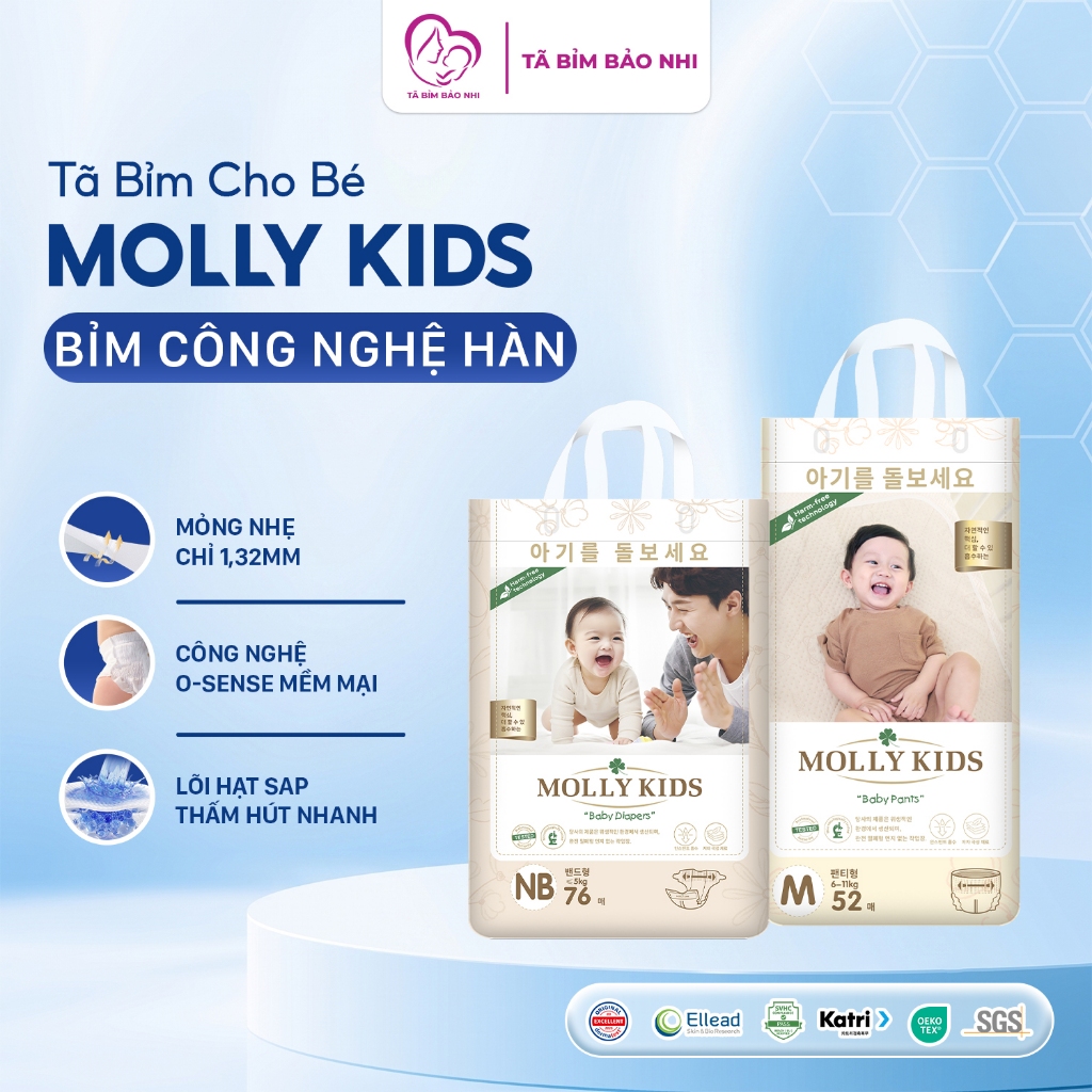 Tã bỉm Molly Kids công nghệ Hàn Quốc, tã dán bỉm quần mềm mỏng, thấm hút tốt ngừa hăm bí cho bé