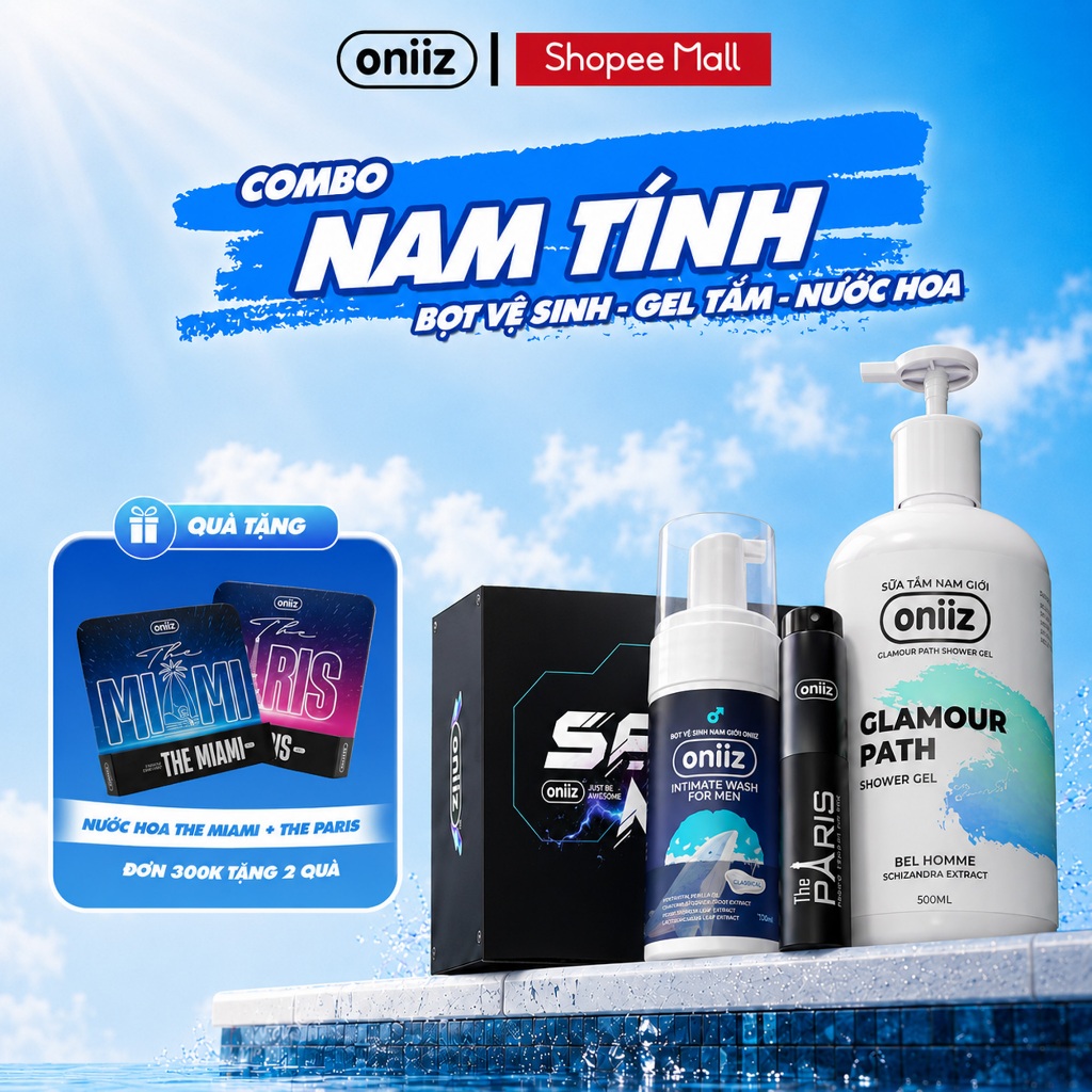 Combo nam tính Gel tắm, nước hoa cao cấp Oniiz, quà tặng bọt vệ sinh nam giới, dung dịch nam tạo bọt 100ml