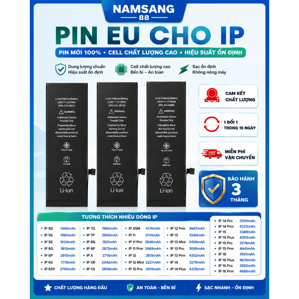 Pin EU Cho IP 5/6/7/8/X/XS/XSM/11/12/13/14/15/16 Dung Lượng Chuẩn Pin Thay Thế Bảo Hành 3 Tháng