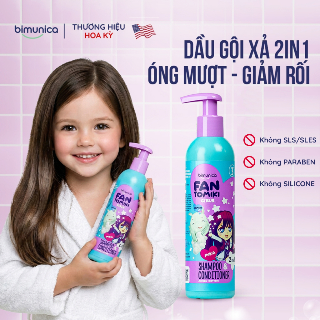 Dầu Gội Xả 2In1 Bimunica Fantomiki 250ml - Cho Bé Gái Từ 3 Tuổi, Không Cay Mắt, Làm Sạch/Mềm Tóc