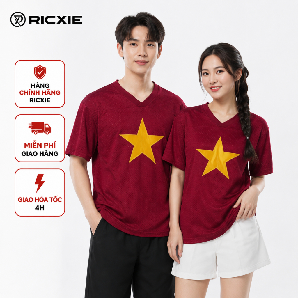 Áo Thun Lưới Thêu Cờ Đỏ Sao Vàng Việt Nam RICXIE, Áo cờ Tổ quốc, chất lưới thoáng mát có đủ size cho cả gia đình