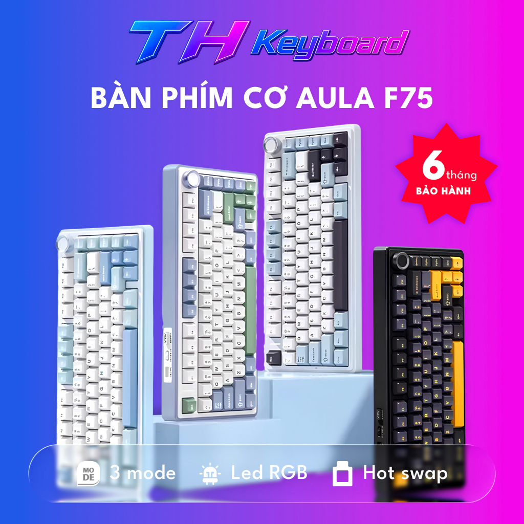 Bàn phím cơ gaming Aula F75 3 mode kết nối, có núm chỉnh âm lượng, LED RGB THkeyboard (NEW) | BigBuy360 - bigbuy360.vn
