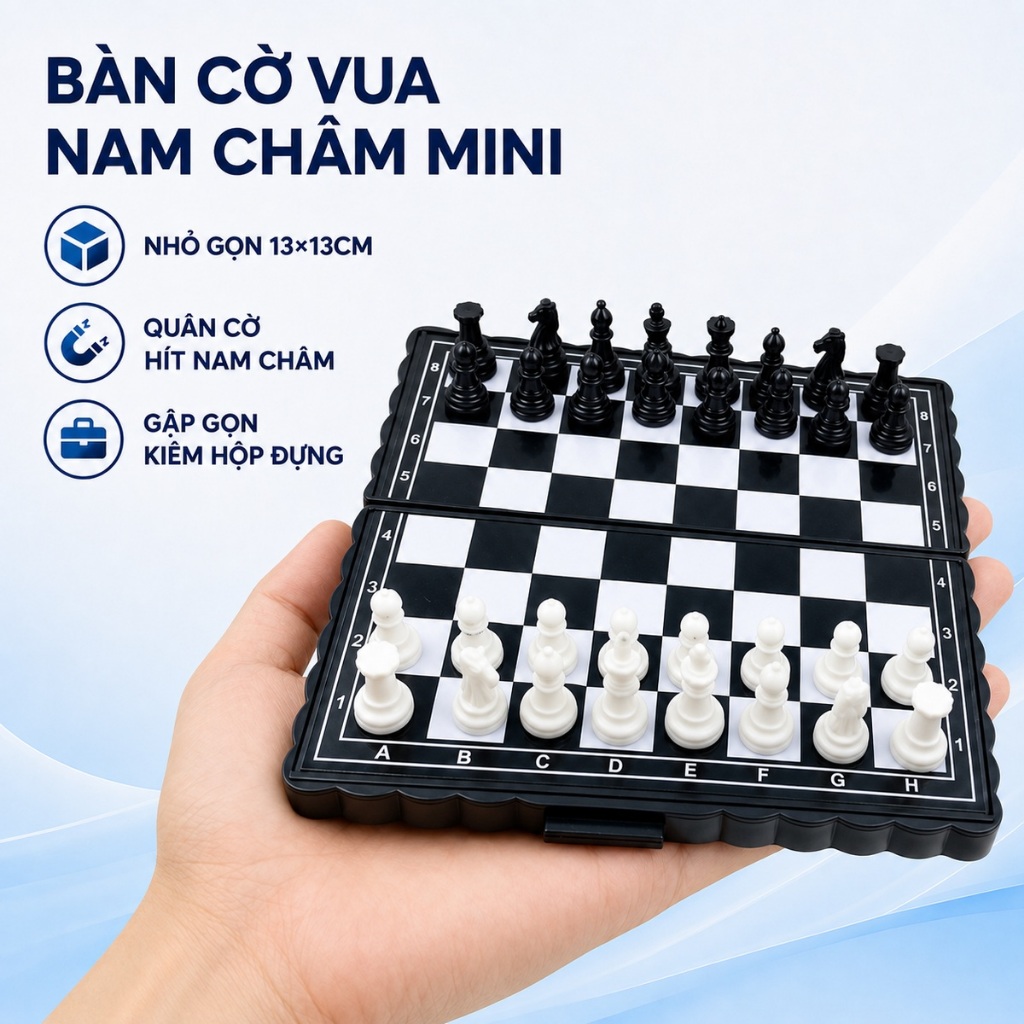 Bộ Cờ Vua Nam Châm Mini 13x13cm Trắng Đen, Bàn Cờ Gấp Gọn Kiêm Hộp Đựng 32 Quân Tiện Mang Theo