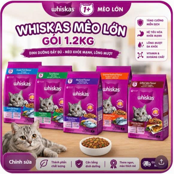 Hạt Whiskas Cho Mèo Con & Mèo Lớn 1.1kg 1.2kg – Thức Ăn Dinh Dưỡng Cho Mèo