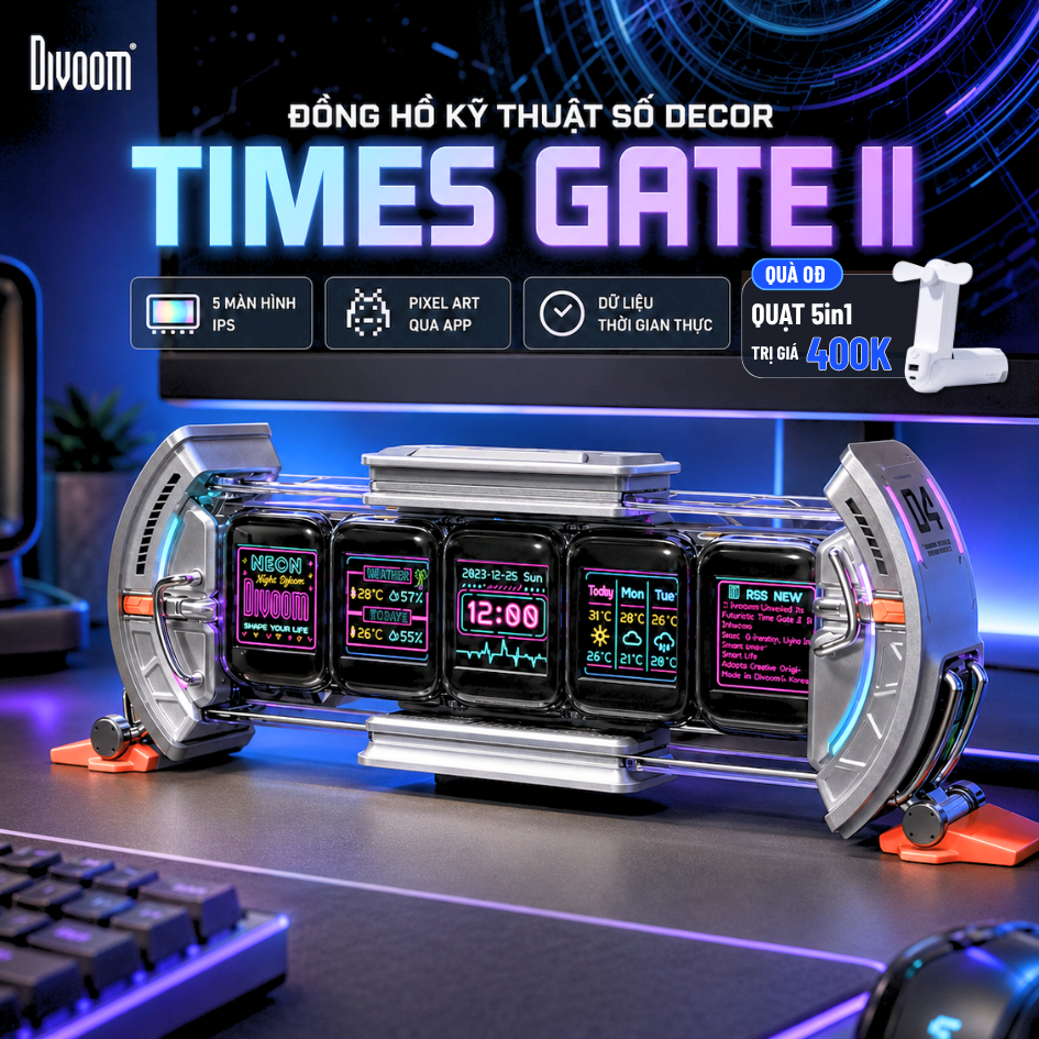 Đồng Hồ Decor Times Gate Divoom 5 màn hình LED IPS 45 RGB 1.6 triệu màu, Hiển Thị Dự Báo Thời Tiết, Lịch - BH 12 tháng