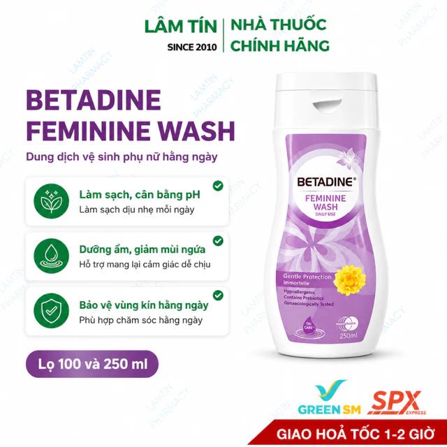 (Date xa) Dung dịch vệ sinh phụ nữ Betadine Feminine Wash Daily Use Gentle Protection Immortelle 100ml/250ml
