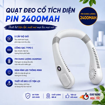 Quạt Đeo Cổ Mini Tích Điện 5 Cấp Độ Gió, Quạt Không Cánh Có Màn Hình LED, Quạt Đeo Cổ Mini Sạc Pin Không Cánh