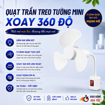 Quạt Trần Mini Gắn Đui Đèn E27 Kèm Phích Cắm – Quạt Trần Mini 3 Cánh Làm Mát Phòng Ngủ, Phòng Nhỏ, Kí Túc Xá