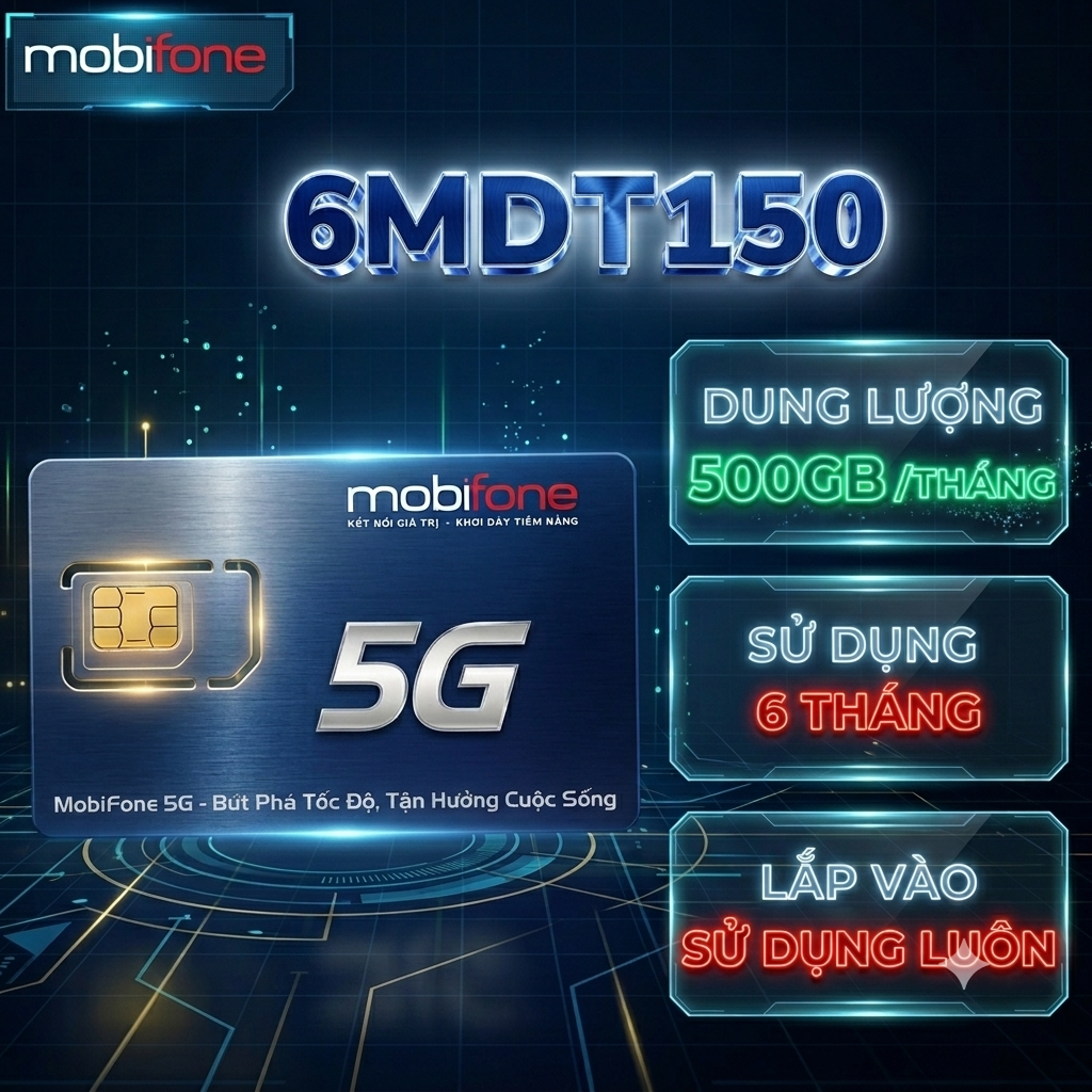 6MDT150 - Sim 5G Mobifone - 500GB/tháng. Có hỗ trợ esim. Dùng 6 tháng - Bách Hóa Sim