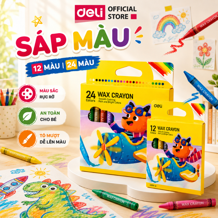 [MUA 3 GIẢM 30%] Bút Sáp Màu Deli 12/24 Màu - Chất Liệu An Toàn Màu Sắc Rực Rỡ Tươi Sáng Tập Vẽ Tranh Tô Màu