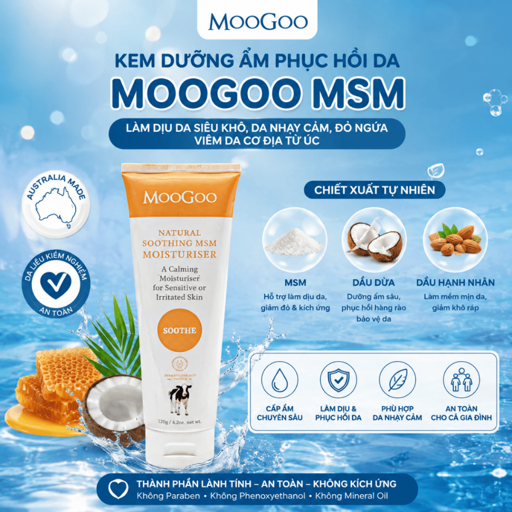 Kem Dưỡng Ẩm Thiên Nhiên MooGoo MSM 10% Cho Da Khô Ráp, Bong Tróc, Dễ Đỏ Ngứa, Da Nhạy Cảm - Úc 120g